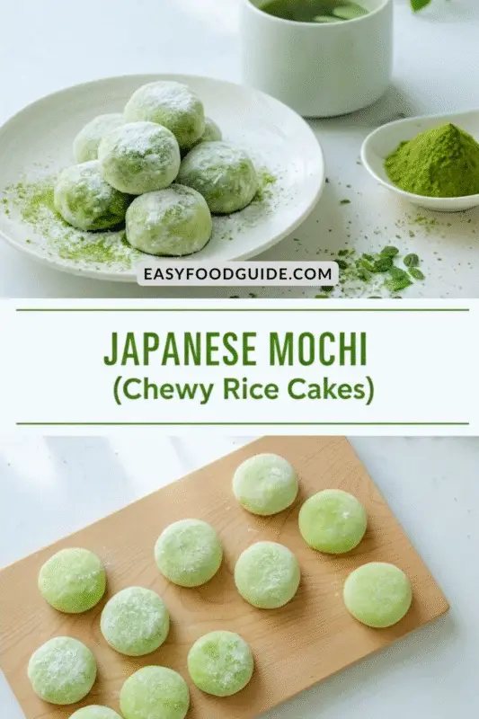 A stack of matcha mochi on a ceramic plate with a cup of green tea, showcasing a minimalist and elegant presentation.