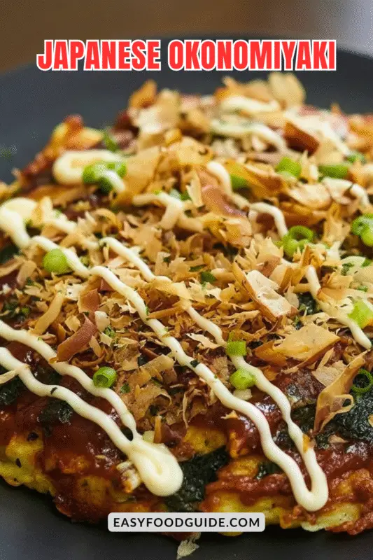 Close-up of a freshly cooked okonomiyaki topped with mayo, okonomiyaki sauce, bonito flakes, and green onions.