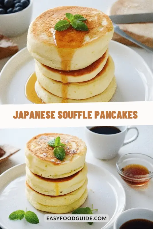 Fluffy Japanese souffle pancakes stacked with mint leaves, coffee cup, and maple syrup on a breakfast table.