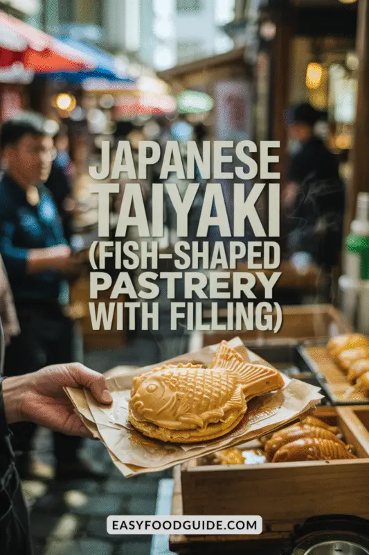 Freshly baked golden brown taiyaki pastries shaped like fish, with a bowl of sweet red bean paste on a wooden board.
