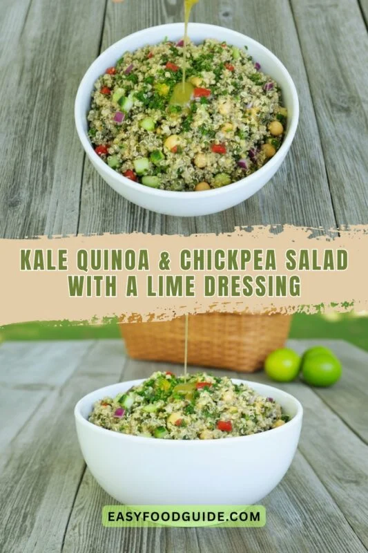 kale-quinoa-chickpea-salad-1 A vibrant kale quinoa salad with chickpeas, cucumber, and bell pepper, topped with lime dressing and cilantro, on a wooden table.