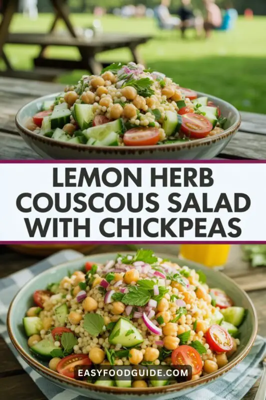 lemon-herb-couscous-chickpeas-salad-1 A colorful Lemon Herb Couscous Salad with Chickpeas featuring pearl couscous, cucumbers, tomatoes, and herbs in a rustic bowl.