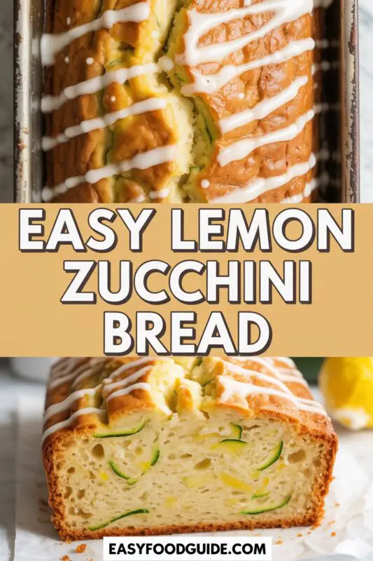 A loaf of moist Lemon Zucchini Bread with lemon glaze, sliced to show its texture, on a rustic wooden table with lemon slices.