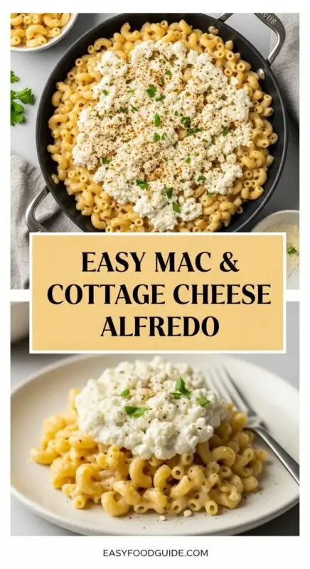 A bowl of creamy mac and cheese with cottage cheese Alfredo sauce, garnished with parsley, on a rustic kitchen table.