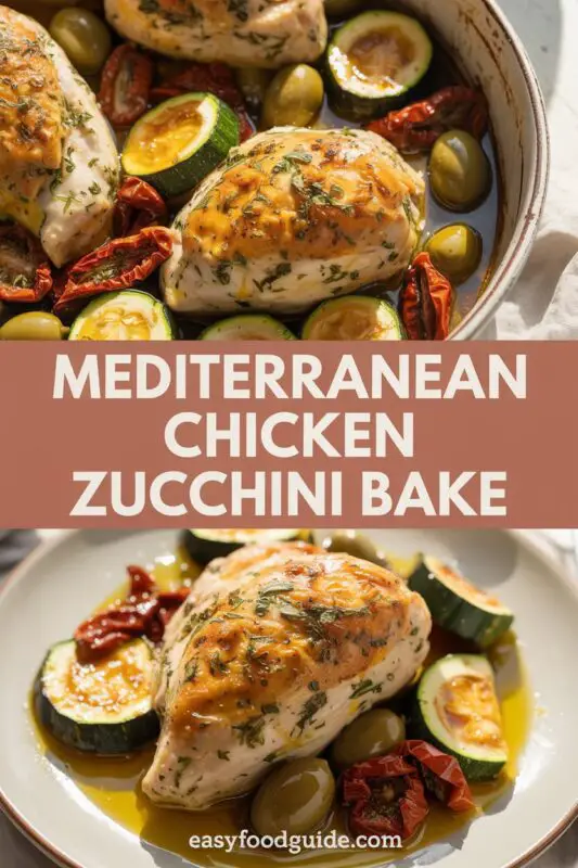 Mediterranean Chicken Zucchini Bake with chicken, zucchini, cherry tomatoes, and sun-dried tomatoes in a skillet, garnished with herbs.