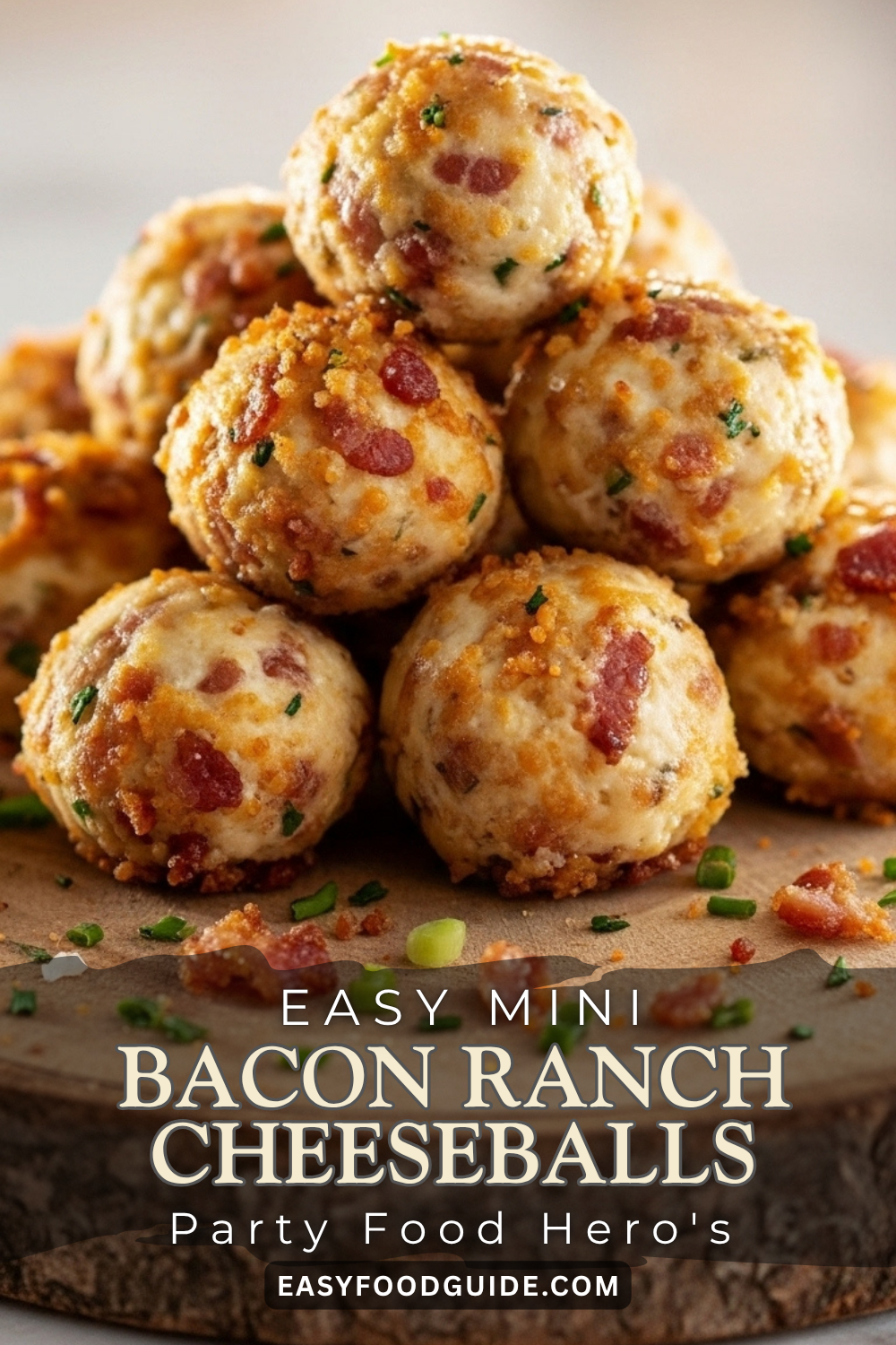 Mini bacon ranch cheeseballs arranged in a pyramid on a rustic wooden platter, garnished with chives.