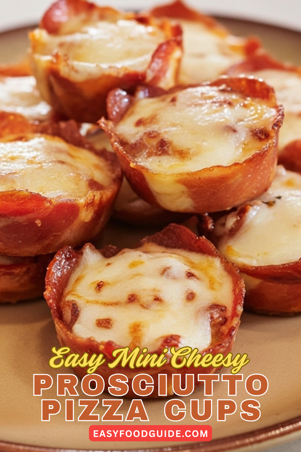 Golden-brown Mini Cheesy Prosciutto Pizza Cups on a rustic wooden board, garnished with basil.