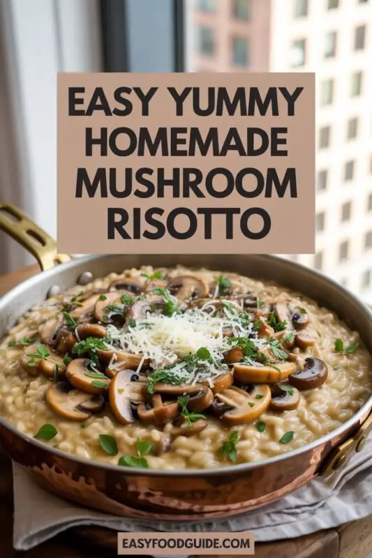 A bowl of creamy mushroom risotto with mushrooms and Parmesan, garnished with parsley, on a wooden table with a glass of white wine.