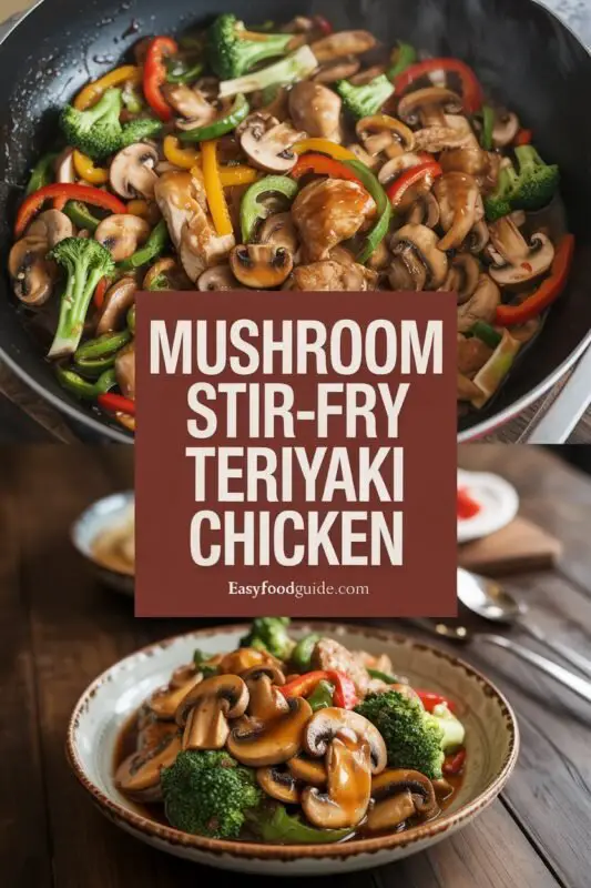 Mushroom Teriyaki Chicken Stir-Fry with chicken, broccoli, bell peppers.