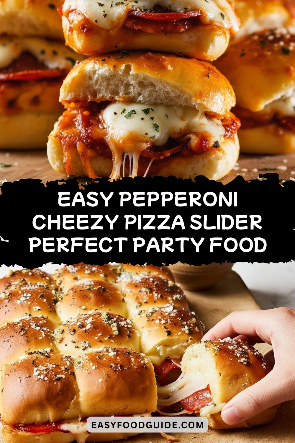 Freshly baked cheese pizza sliders with pepperoni on a rustic wooden board, perfect for game day.