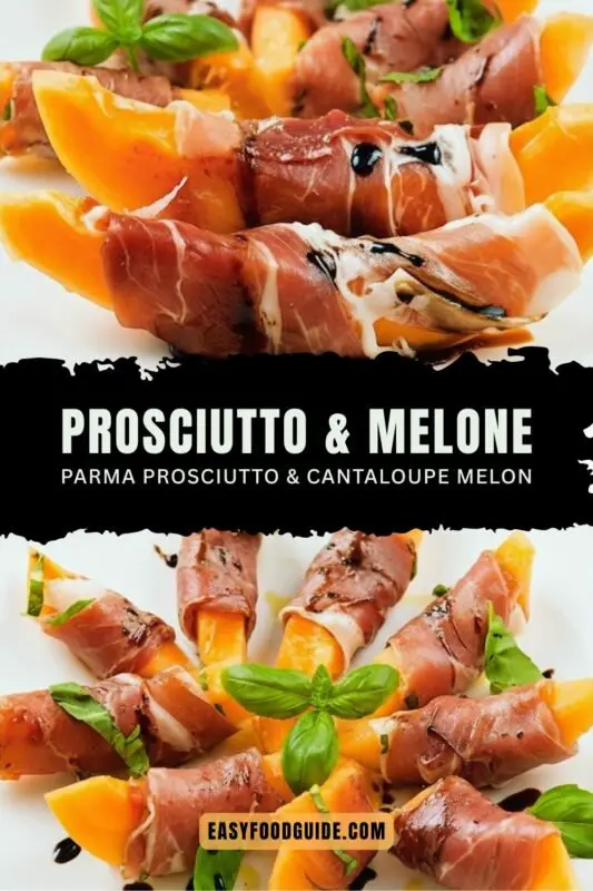 prosciutto-melon-2 Elegant platter of prosciutto wrapped cantaloupe with basil and balsamic glaze.