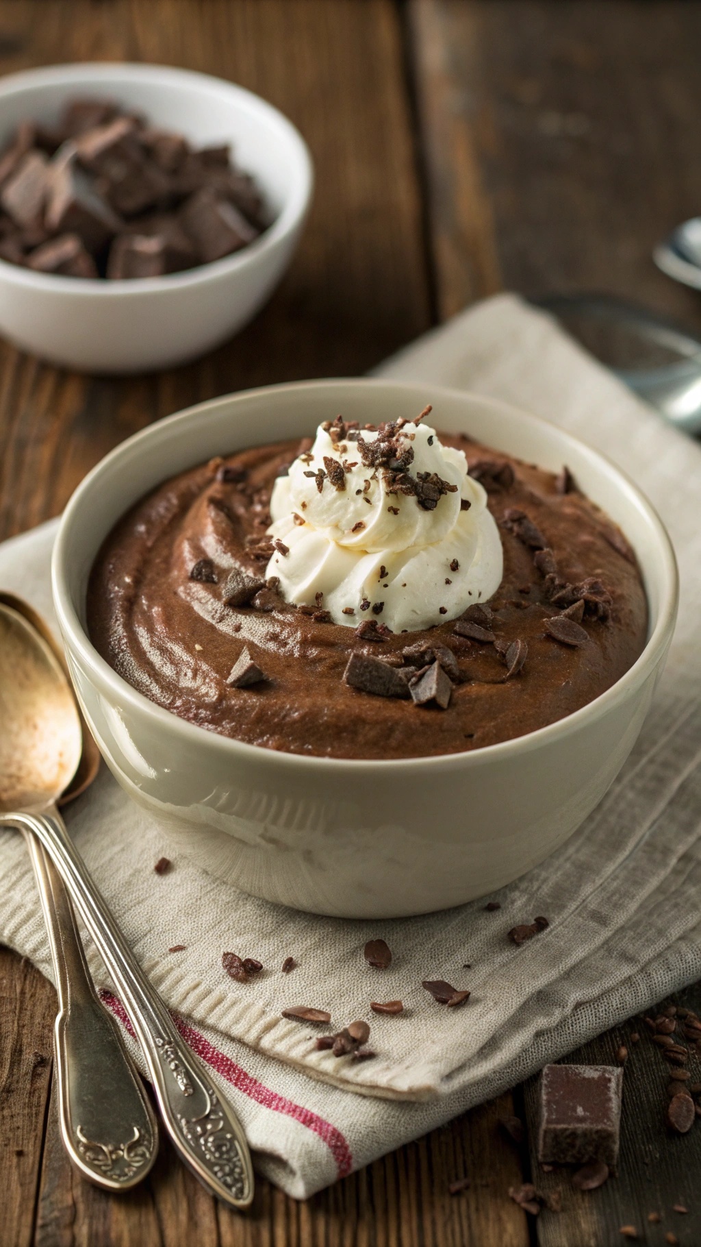 Thick and creamy cottage cheese chocolate pudding topped with whipped cream and chocolate shavings.