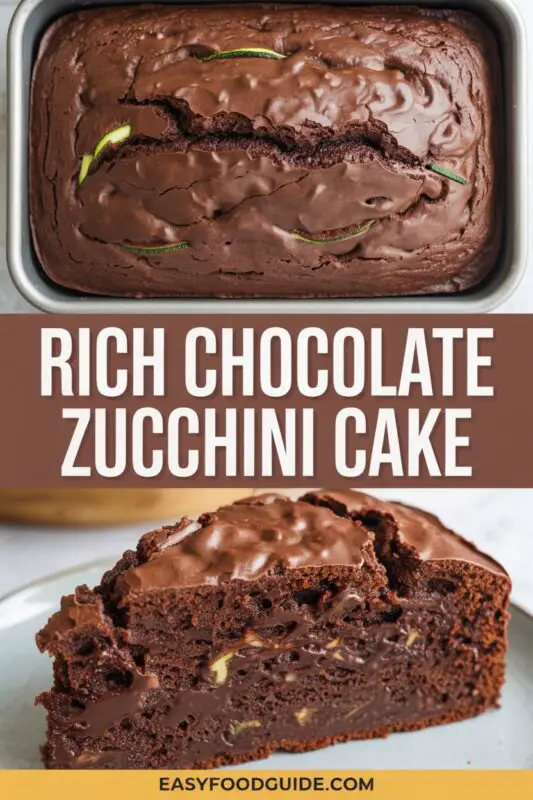 A decadent chocolate zucchini cake topped with chocolate frosting and powdered sugar, served on a rustic table.