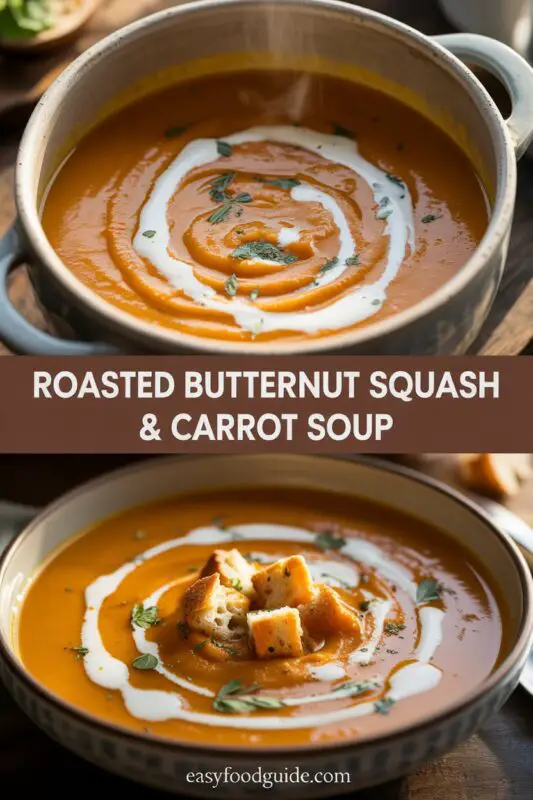 A bowl of creamy roasted butternut squash and carrot soup garnished with herbs, served with crusty bread and croutons.