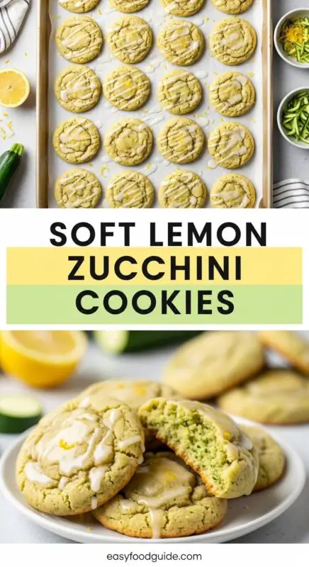 Soft lemon zucchini cookies with lemon glaze on a plate, surrounded by fresh lemons and zucchini.