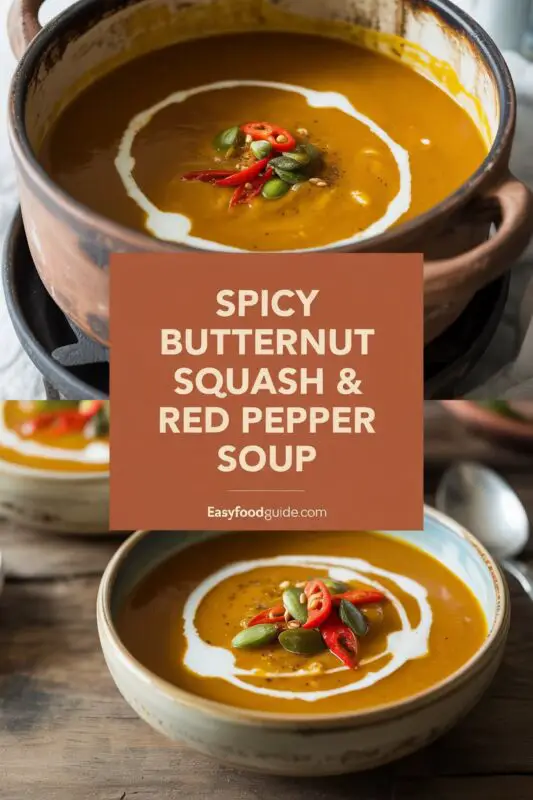 A bowl of spicy butternut squash and red pepper soup garnished with cilantro on a rustic wooden table.