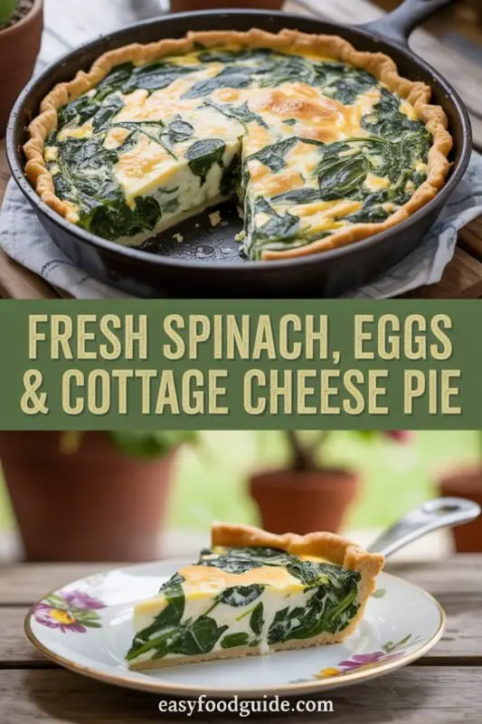 A slice of crustless spinach and cottage cheese pie on a plate, garnished with herbs, with a rustic wooden table in the background.