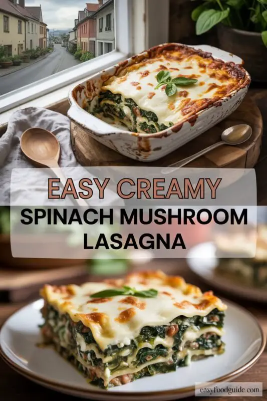 A layered spinach mushroom lasagna with melted cheese, ricotta, and spinach, served in a rustic dish.