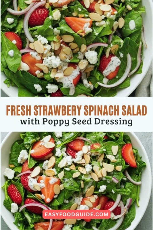 strawberry-spinach-salad-1 A colorful Fresh Strawberry Spinach Salad with strawberries, spinach, almonds, and feta cheese, topped with poppy seed dressing on a rustic table.