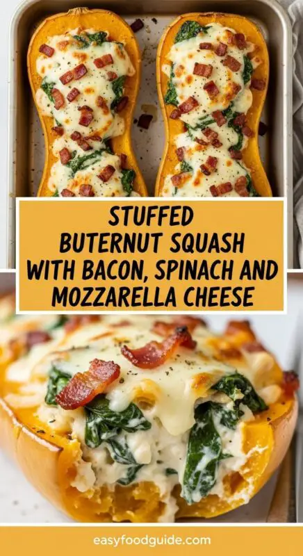Stuffed butternut squash with bacon, spinach, and mozzarella cheese, garnished with parsley on a rustic table.