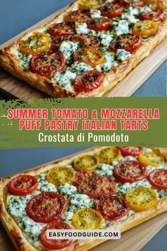 tomato-mozzarella-puff-pastry-2 A colorful tomato and mozzarella puff pastry tart garnished with basil on a wooden table.