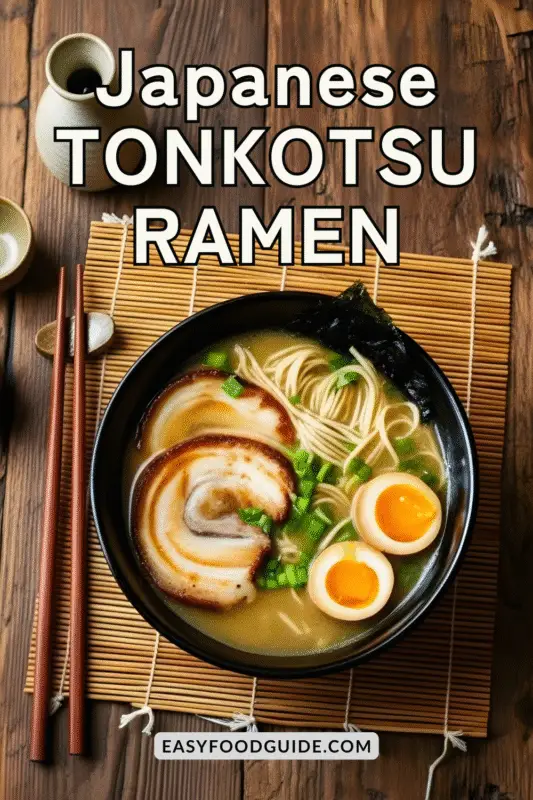A bowl of Tonkotsu ramen with chashu pork, soft-boiled egg, scallions, and nori on a rustic wooden table.