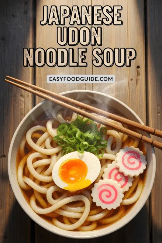 A bowl of Japanese Udon Noodle Soup with green onions, soft-boiled egg, and narutomaki on a rustic wooden table.