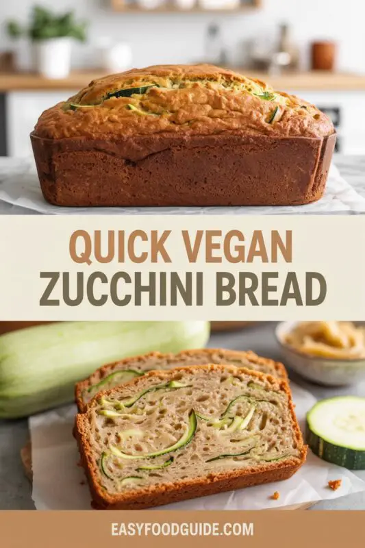 A golden loaf of vegan zucchini bread on a cutting board with zucchini slices and a knife.