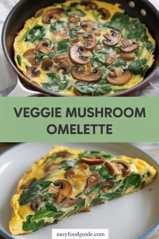 A delicious veggie mushroom omelette with mushrooms, spinach, cheese, and tomatoes on a plate.