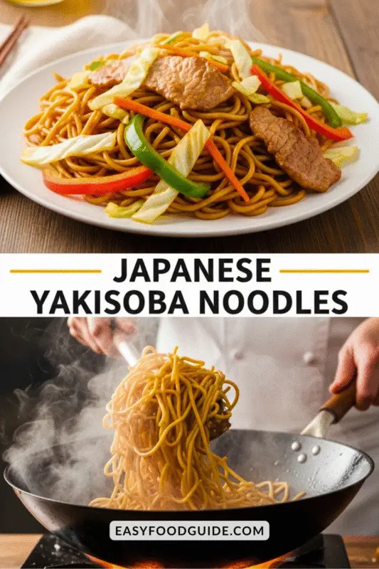 A plate of Yakisoba noodles with pork and vegetables, served on a wooden table.