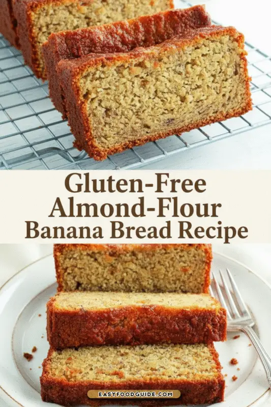 Sliced gluten-free almond-flour banana bread on a wooden cutting board with banana slices and mint.