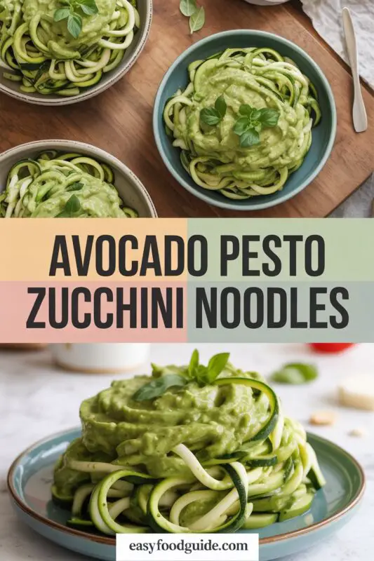 A bowl of avocado pesto zucchini noodles garnished with cherry tomatoes and basil on a wooden table.