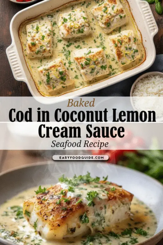 Baked cod fillets in creamy lemon-coconut sauce, garnished with herbs on a kitchen table.