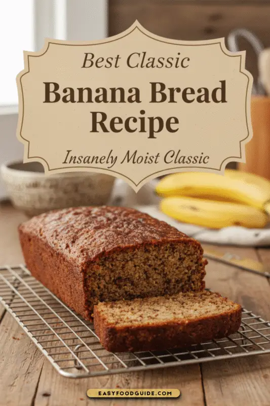 Sliced banana bread showcasing its moist texture, with a rustic kitchen setting.