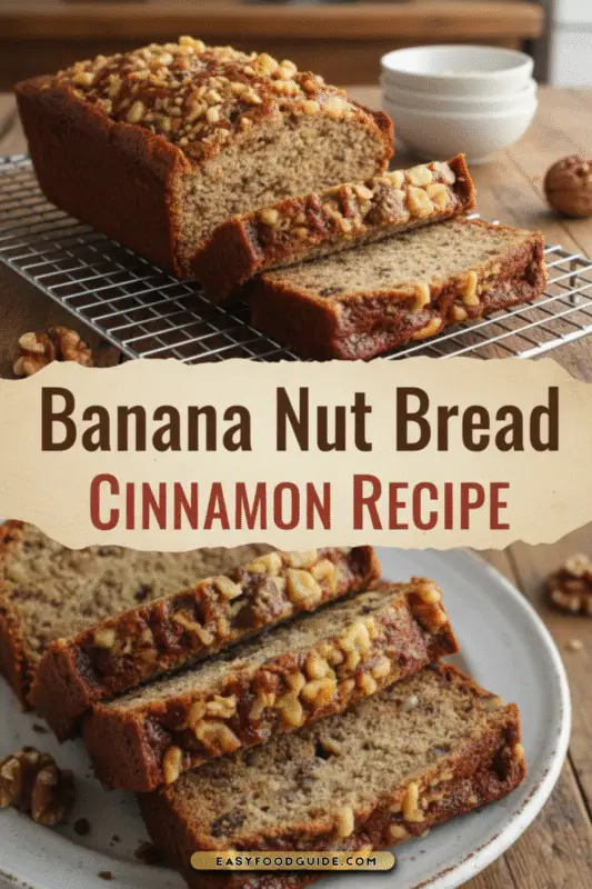 Thick slices of banana walnut bread with cinnamon on a rustic board, accompanied by a steaming mug.