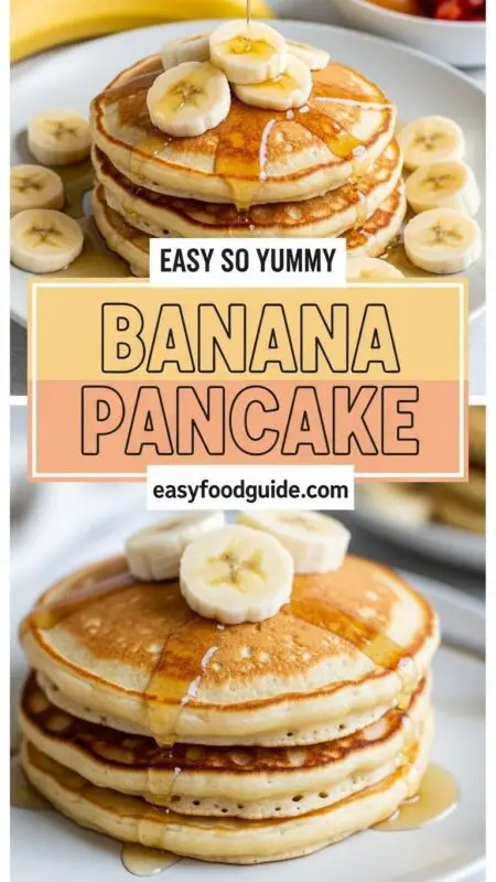 Fluffy banana pancakes topped with banana slices and maple syrup on a rustic wooden table.