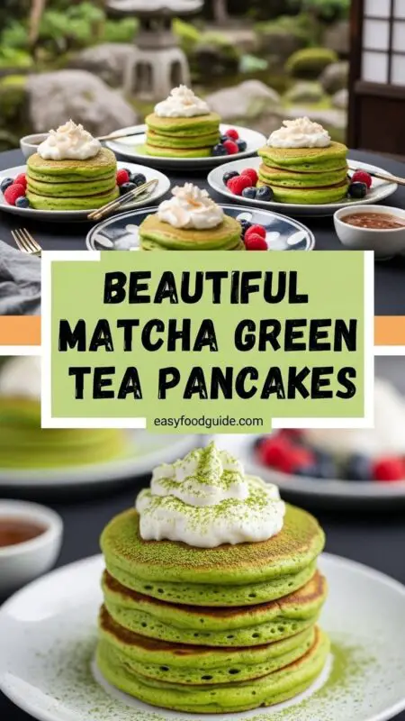 Fluffy matcha green tea pancakes with coconut whipped cream and berries on a rustic table.