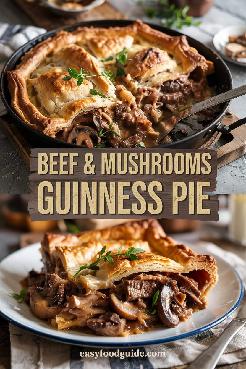 A hearty Beef & Mushroom Guinness Pie with golden flaky crust, served on a wooden table with bread.