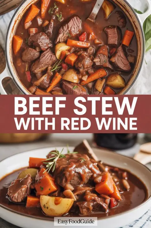 A comforting bowl of beef stew with carrots and potatoes in red wine sauce, garnished with parsley, on a rustic table.