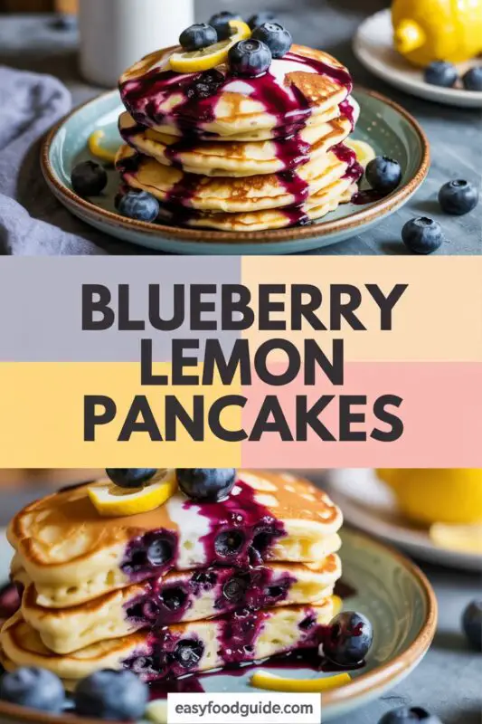 Fluffy lemon blueberry pancakes stacked with blueberries and syrup on a rustic table.