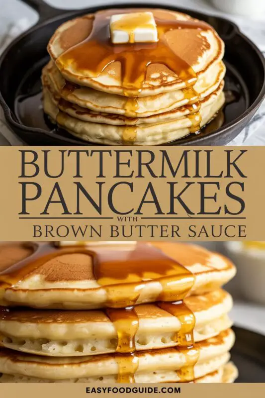 Fluffy buttermilk pancakes topped with brown butter sauce and fresh berries on a rustic plate.