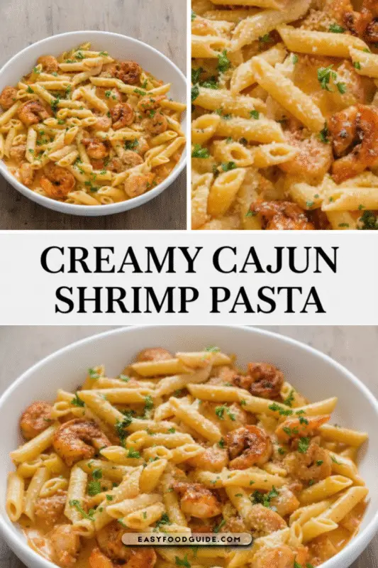 Creamy Cajun shrimp pasta in a bowl, garnished with parsley, on a rustic table.