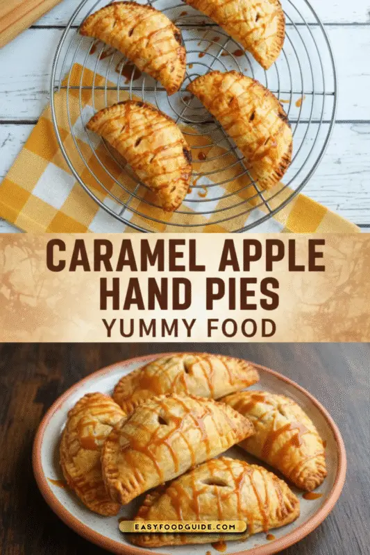 Golden-brown caramel apple hand pies cooling on a wire rack with apple slices and caramel drips.