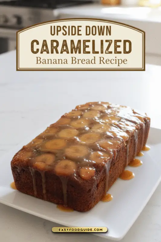 A slice of caramelized banana bread loaf with caramelized bananas on top, served on a white plate.