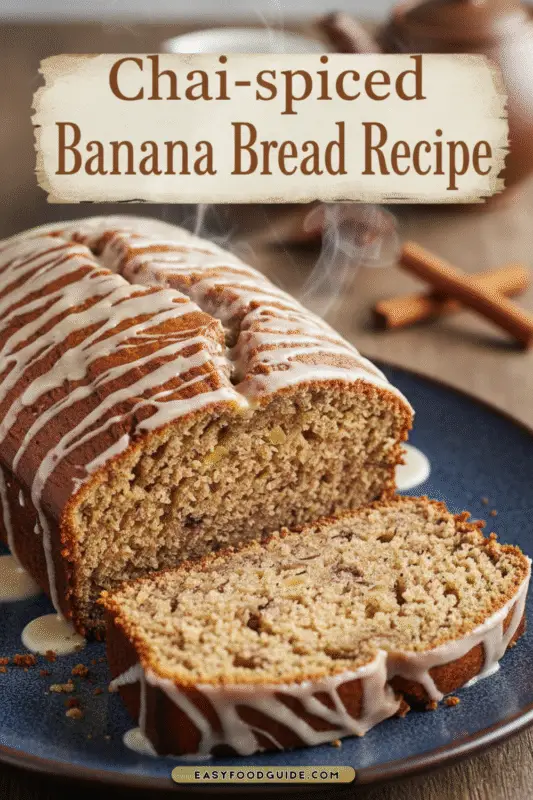 Chai-spiced banana bread with a slice cut, decorated with cinnamon sticks, cardamom pods, and star anise on a rustic plate.