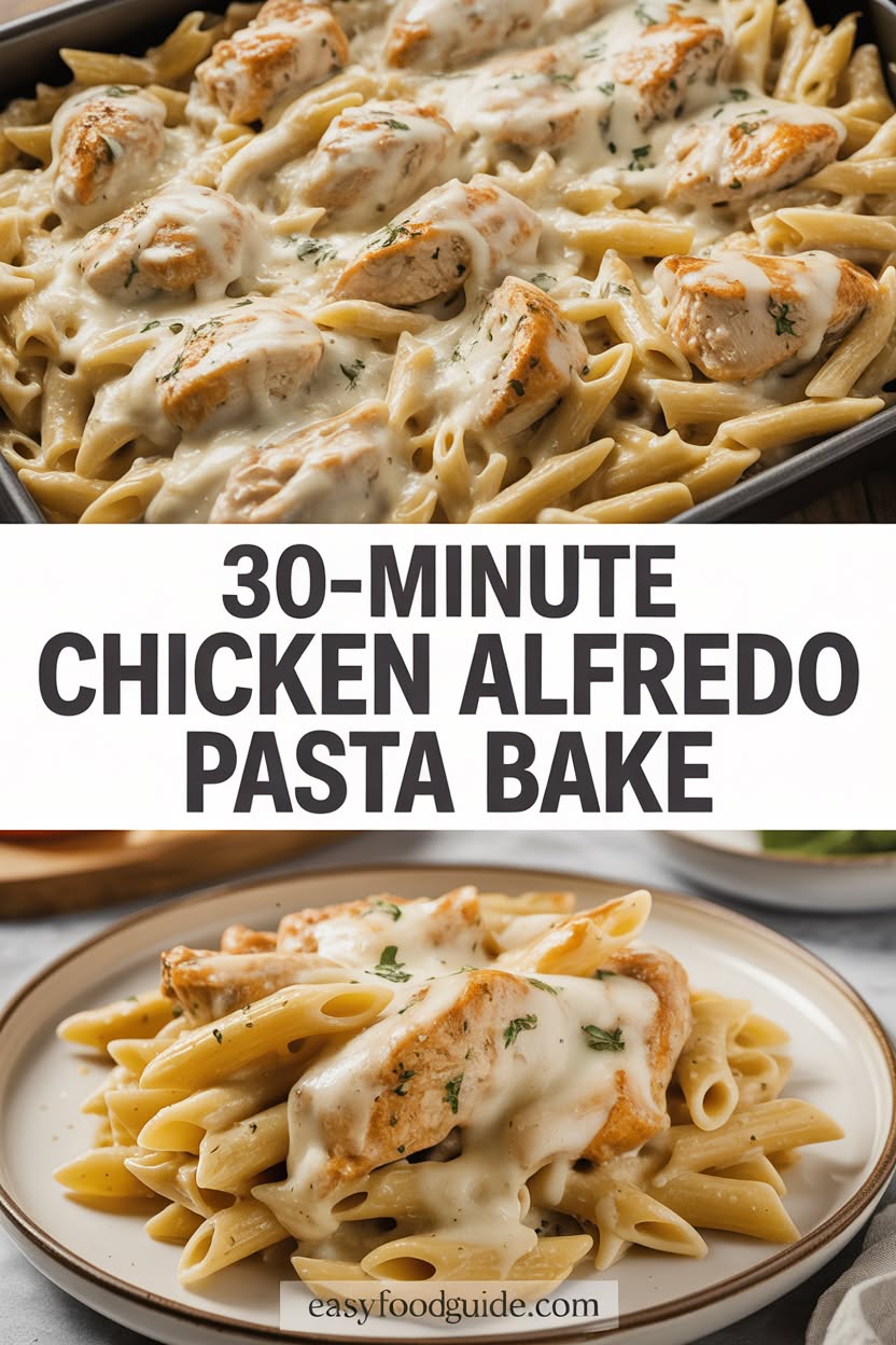 A cheesy Chicken Alfredo Pasta Bake in a baking dish, topped with melted mozzarella cheese and garnished with parsley.