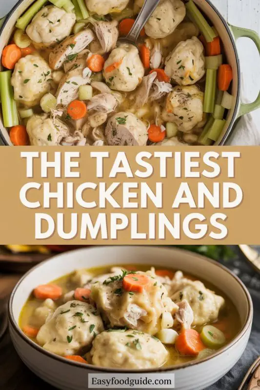 A bowl of chicken and dumplings with chicken pieces and fluffy dumplings in creamy broth, garnished with parsley.