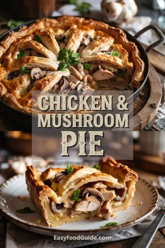 A freshly baked chicken and mushroom pie with flaky crust and creamy filling, displayed on a rustic table.