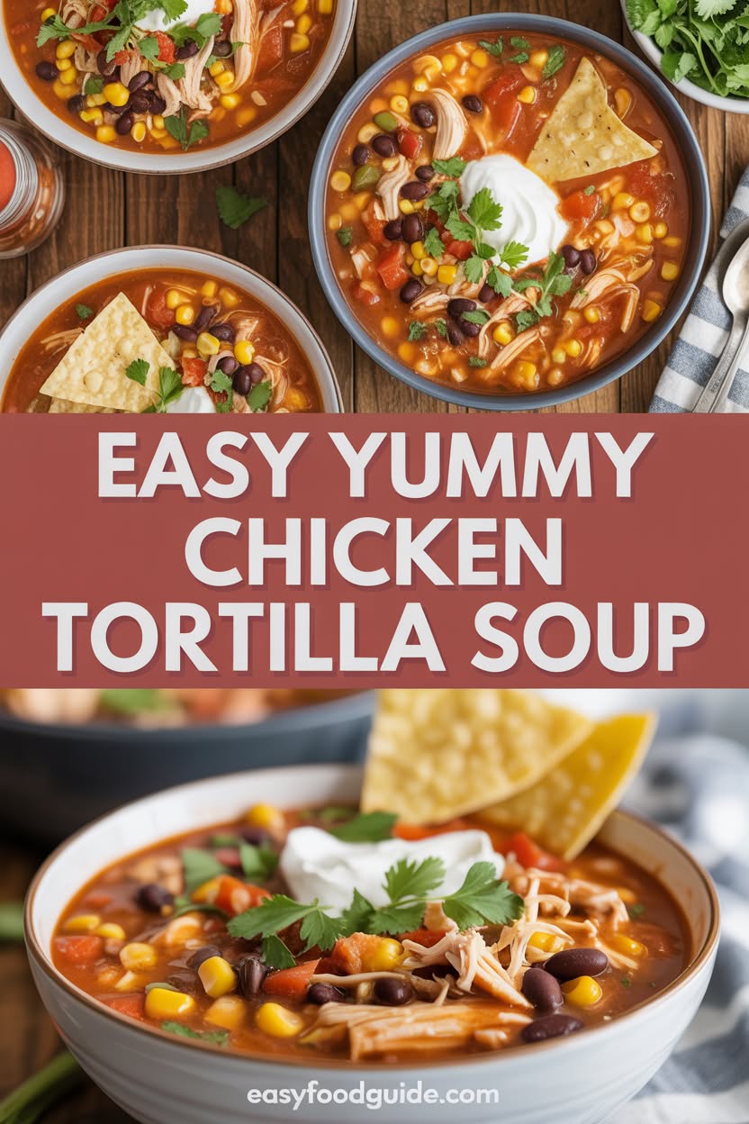 A hearty bowl of Chicken Tortilla Soup with black beans, corn, and tomatoes, topped with tortilla strips, cheese, and cilantro.