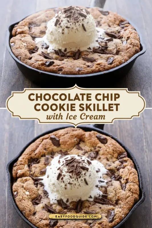 Warm chocolate chip cookie skillet with ice cream and chocolate shavings on a rustic wooden table.